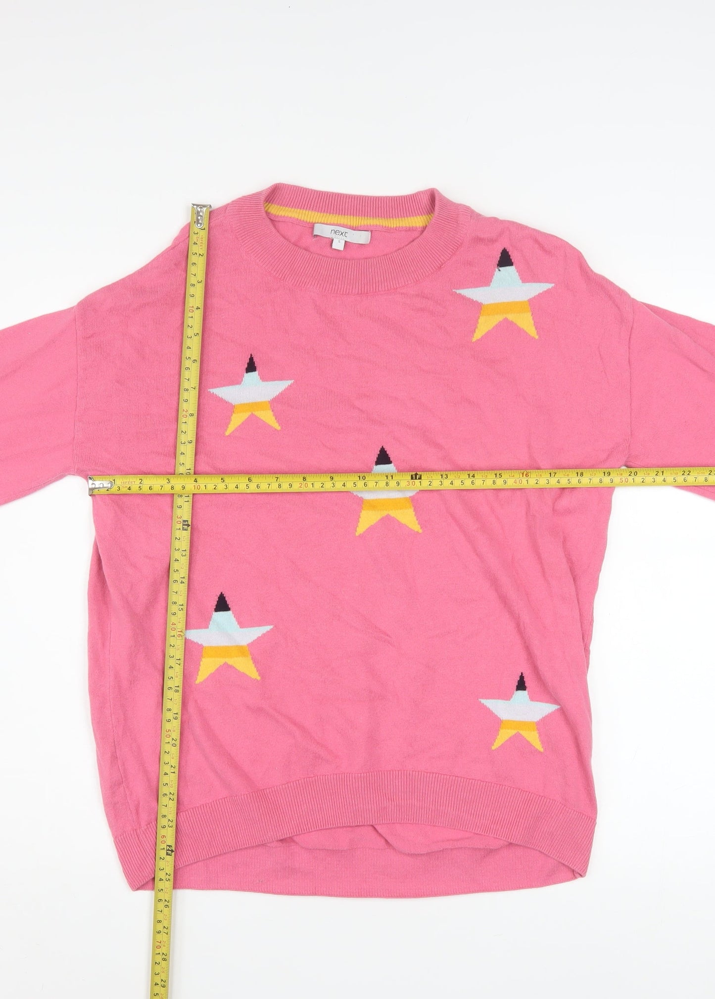 Next Women's Pink Star Jumper Small Cotton Crew Neck Knitwear