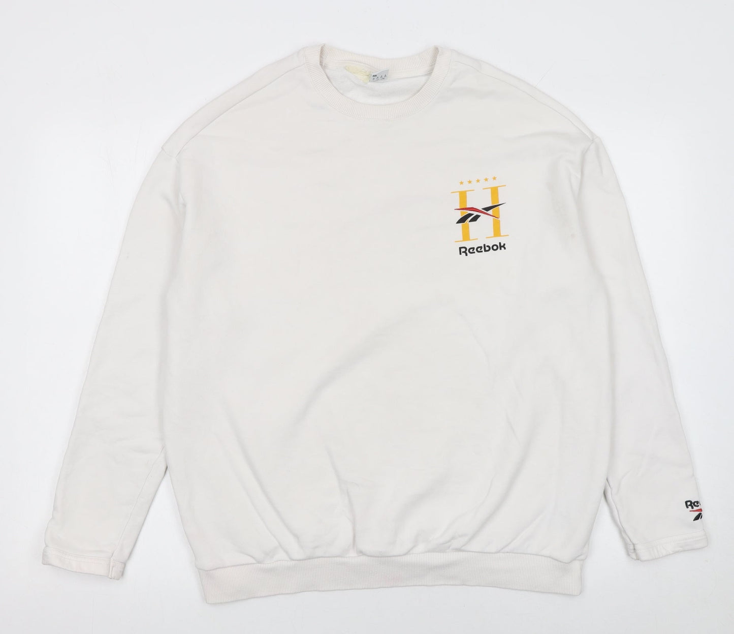 Reebok Women’s White Medium Pullover Sweatshirt – Logo Print Cotton Blend