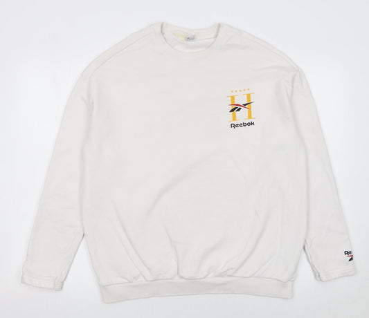 Reebok Women’s White Medium Pullover Sweatshirt – Logo Print Cotton Blend