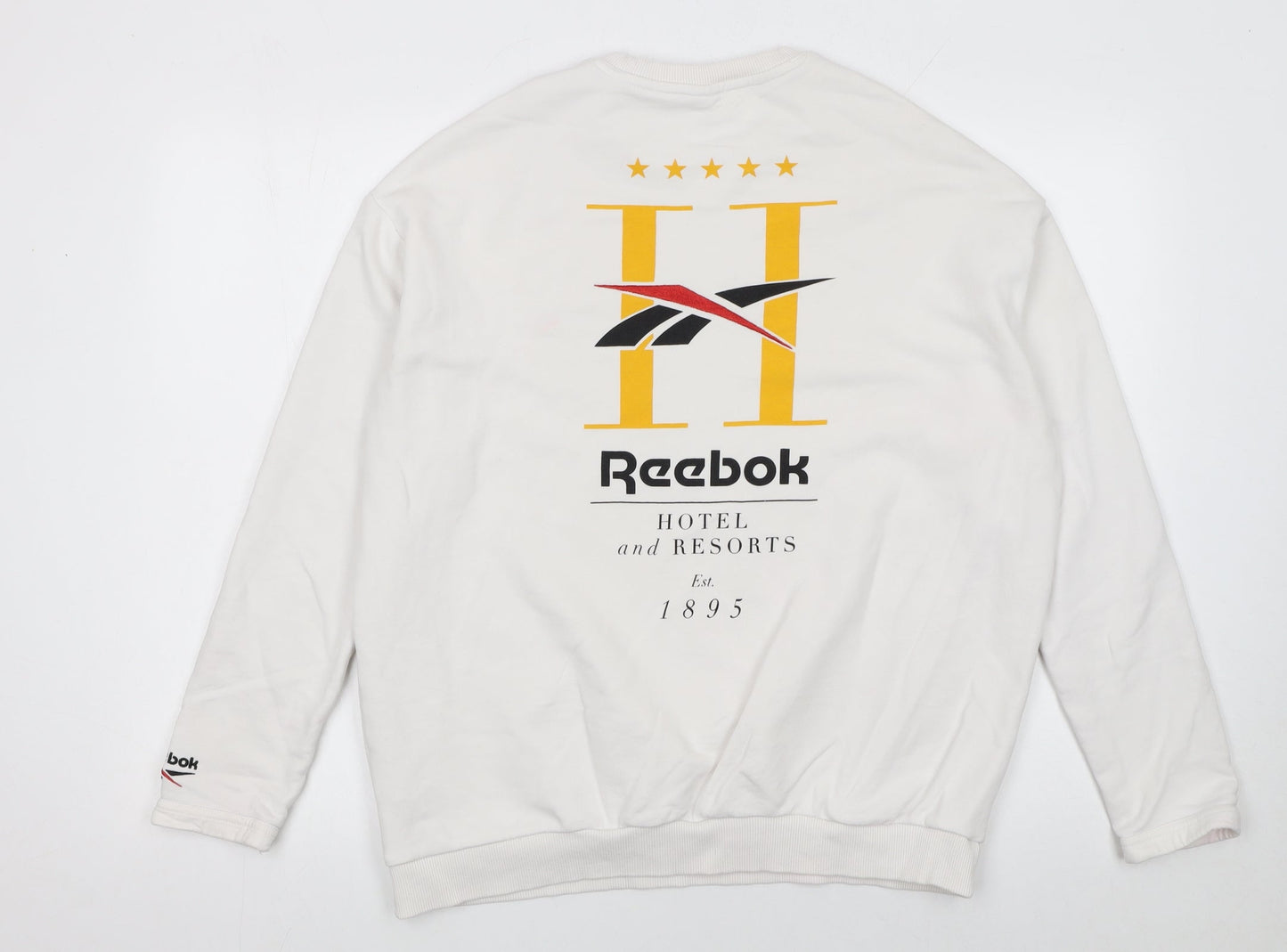Reebok Women’s White Medium Pullover Sweatshirt – Logo Print Cotton Blend