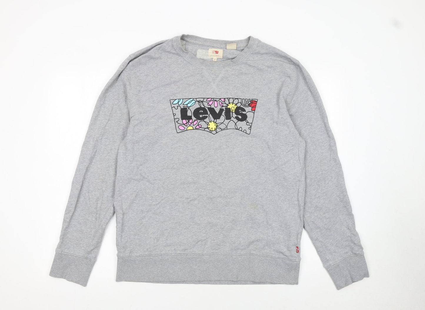Levi's Women Grey Floral Logo Pullover Sweatshirt L Cotton