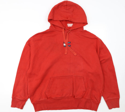 Tommy Jeans Men Red Pullover Hoodie M Cotton Fleece Logo