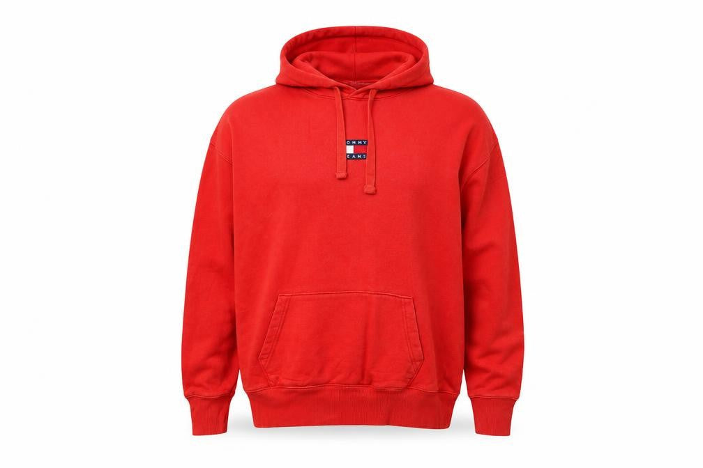 Tommy Jeans Men Red Pullover Hoodie M Cotton Fleece Logo
