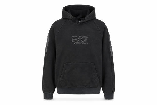Front view of EA7 Emporio Armani Women's Black Pullover Hoodie, size S, Cotton Blend
