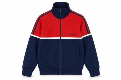 Front view of Adidas boys’ red & navy track jacket, size 174, polyester cotton zip up