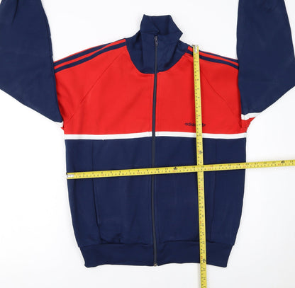 Back view of Adidas boys’ red & navy track jacket, size 174, polyester cotton zip up