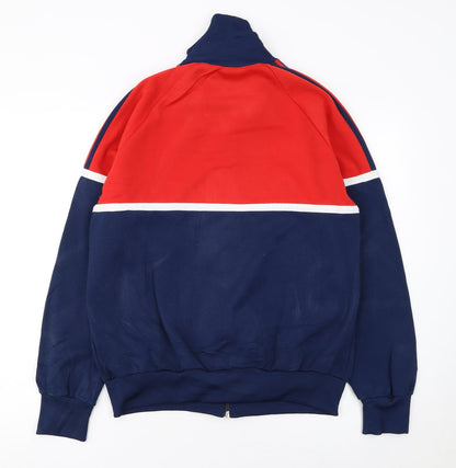 Close-up detail of Adidas boys’ red & navy track jacket, size 174, polyester cotton zip up