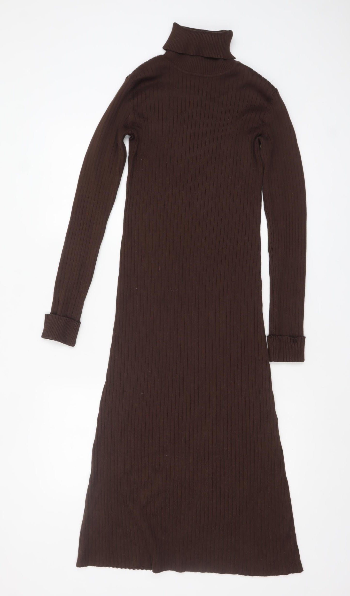 New Look Women’s Brown Ribbed Roll Neck Bodycon Midi Dress Size 12
