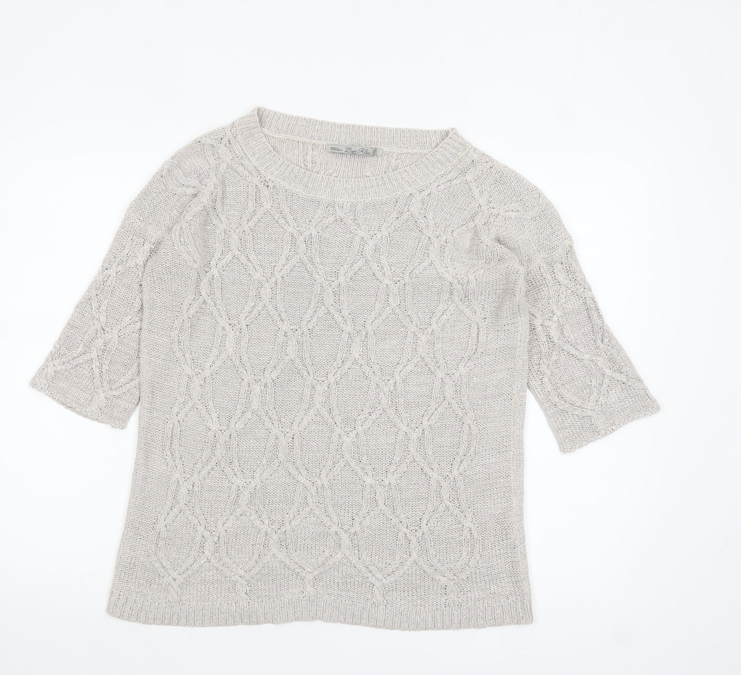 Zara Women Beige Cable Knit Short Sleeve Crew Neck Jumper Size 8