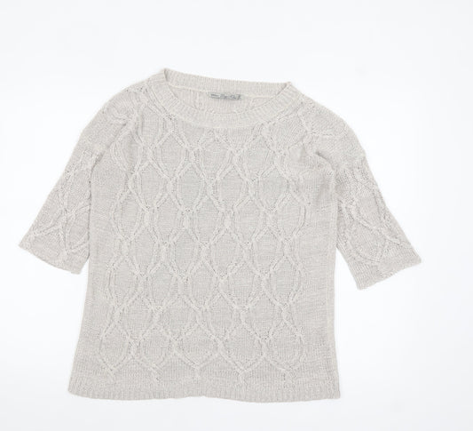Zara Women Beige Cable Knit Short Sleeve Crew Neck Jumper Size 8