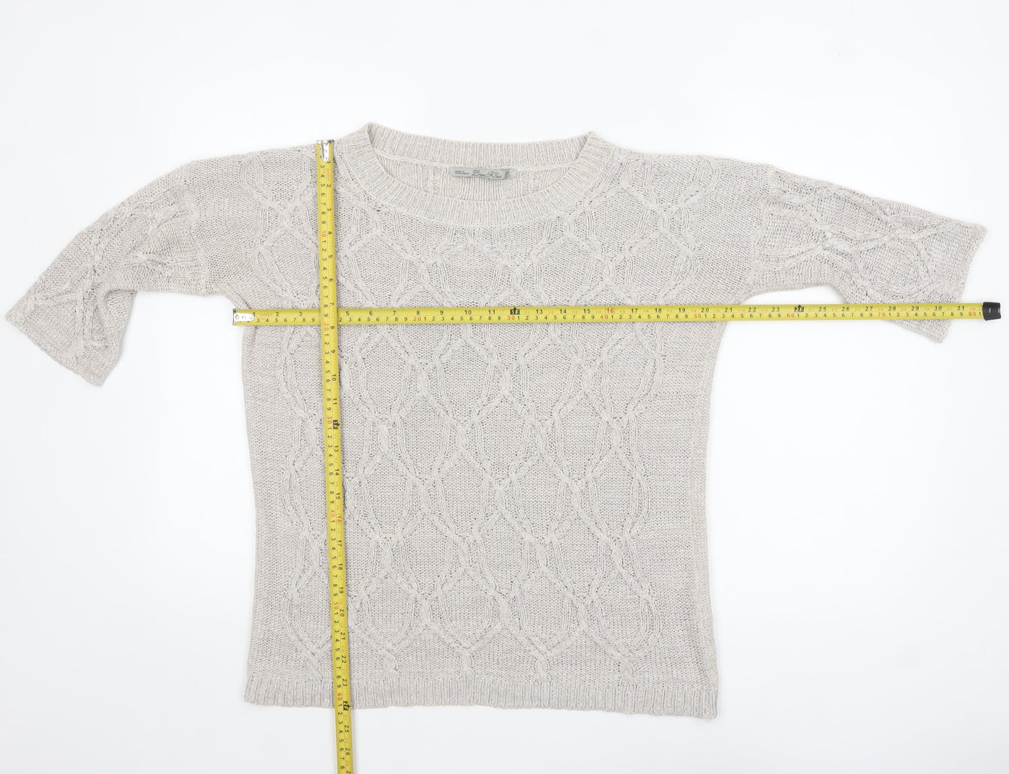 Zara Women Beige Cable Knit Short Sleeve Crew Neck Jumper Size 8