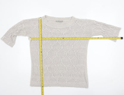 Zara Women Beige Cable Knit Short Sleeve Crew Neck Jumper Size 8