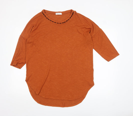 Papaya Women Orange 3/4 Sleeve Basic Stretch T-Shirt M