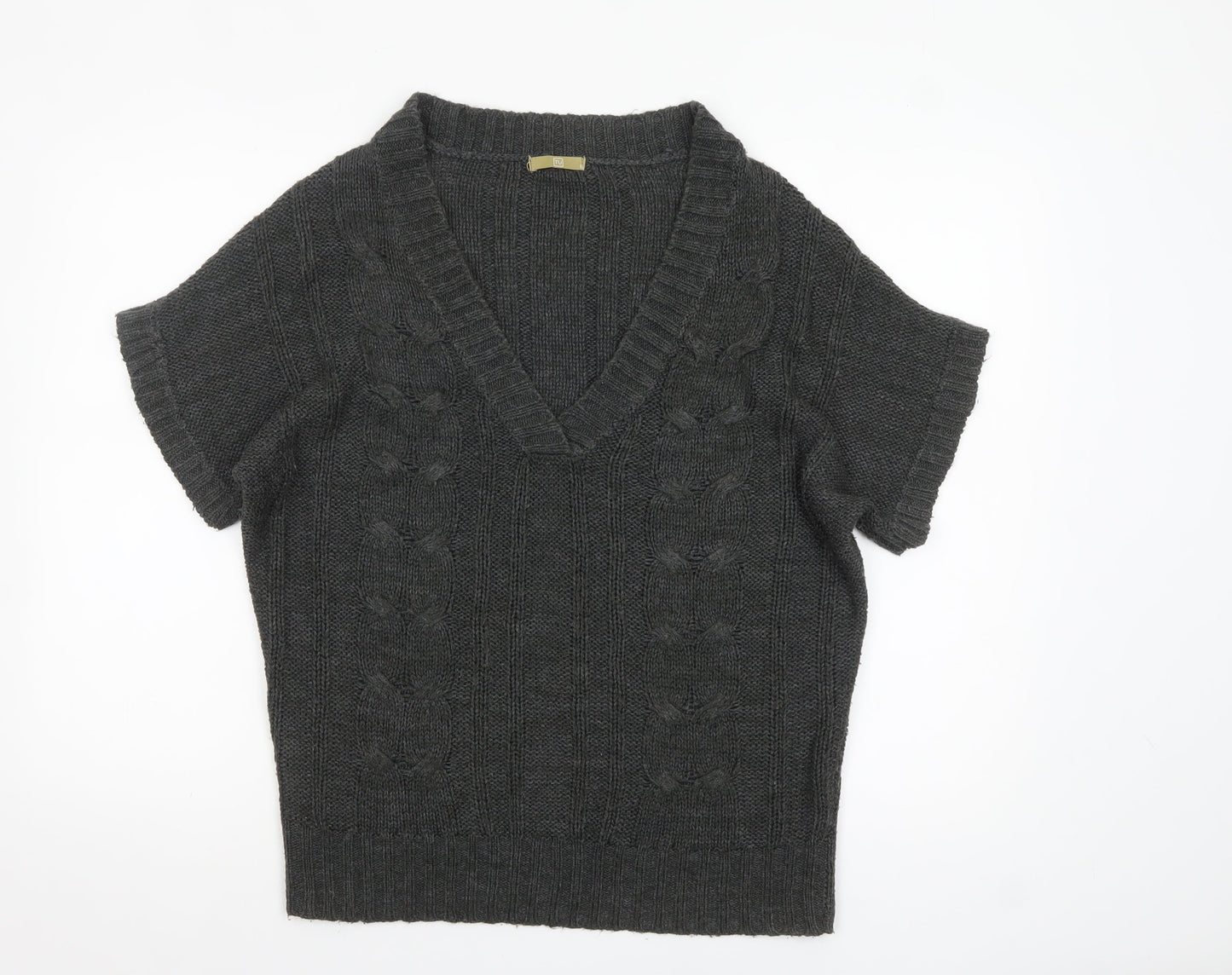 TU Women’s Grey Cable-Knit V-Neck Short Sleeve Jumper Size 10