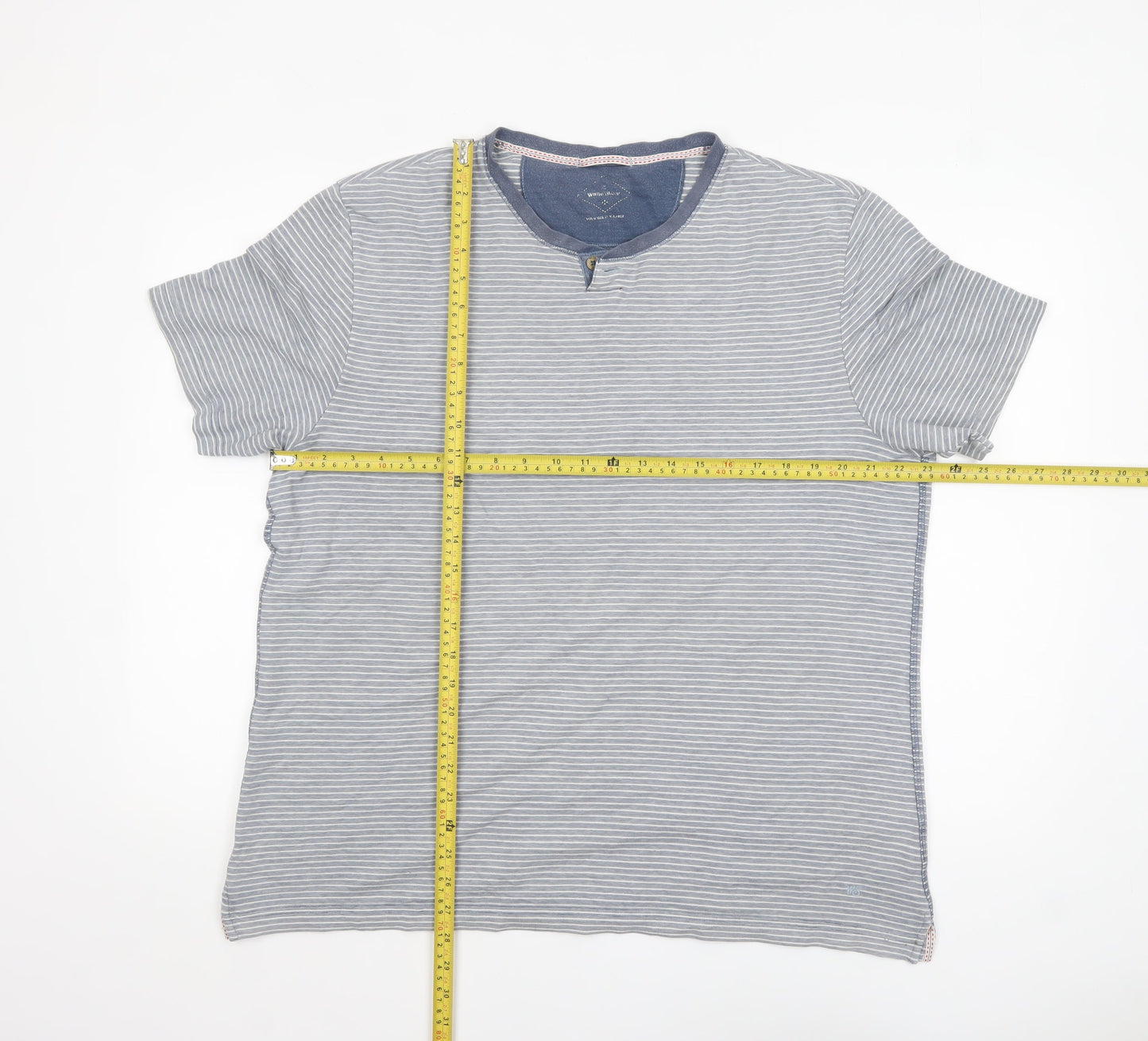 White Stuff Men's Blue Striped Cotton Crew Neck T-Shirt Size L