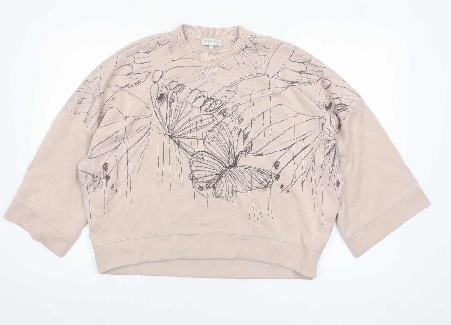 Ted Baker Women Beige Butterfly Print Jersey Top Size 10