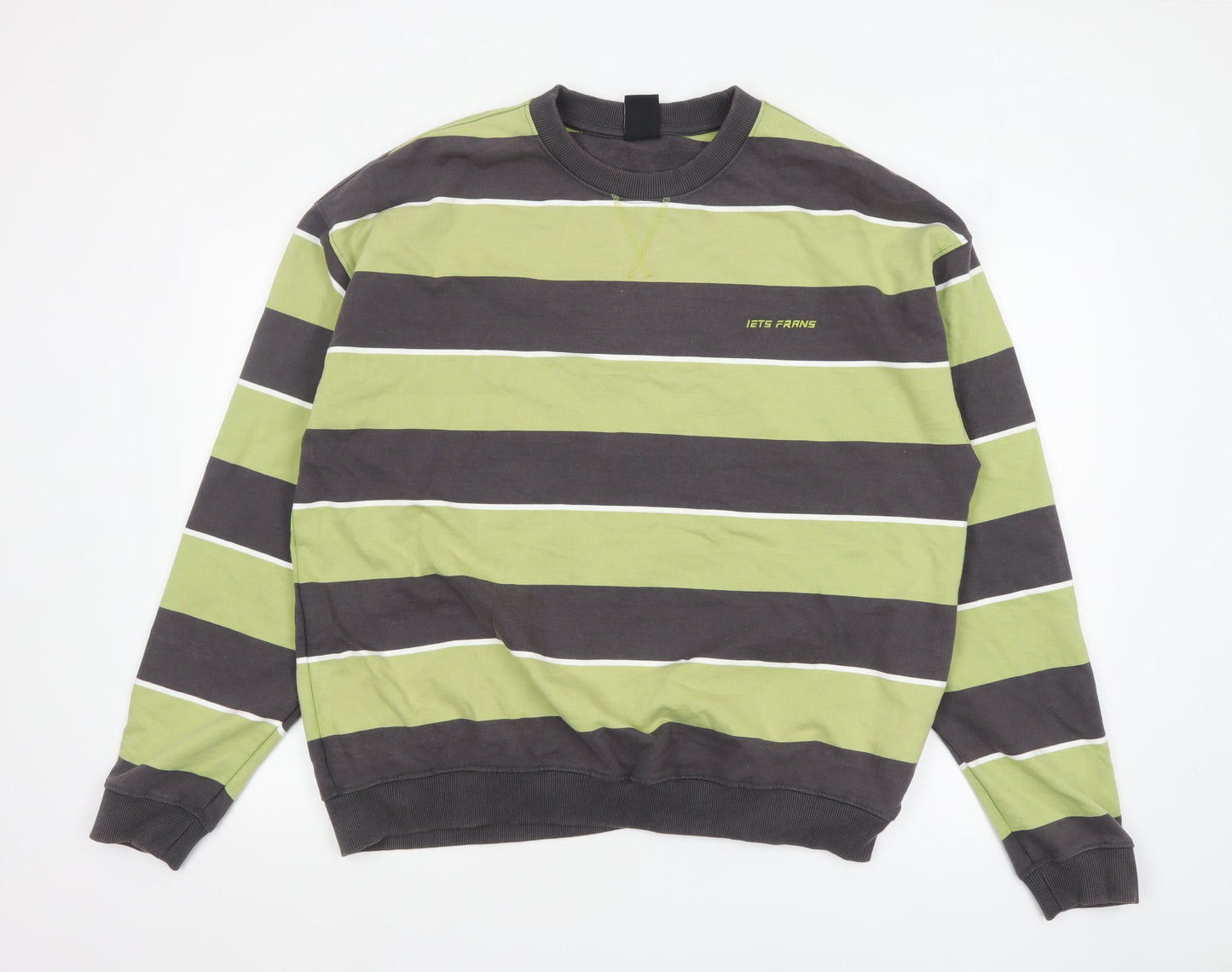 iets frans Men’s Green Striped Cotton Crew Neck Sweatshirt L
