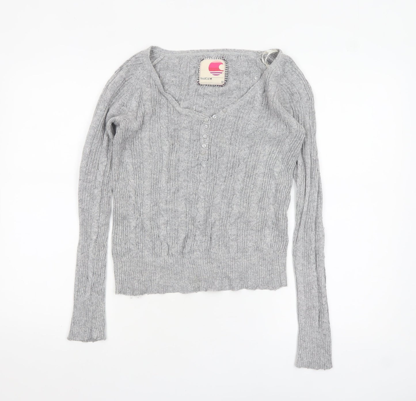 SoulCal Women’s Grey Cable-Knit V-Neck Henley Jumper Size 10