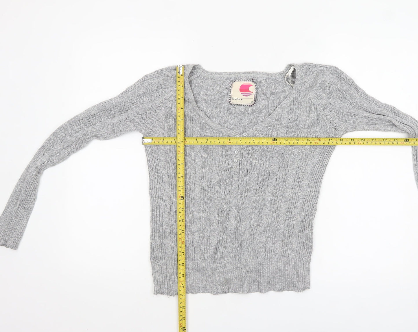 SoulCal Women’s Grey Cable-Knit V-Neck Henley Jumper Size 10
