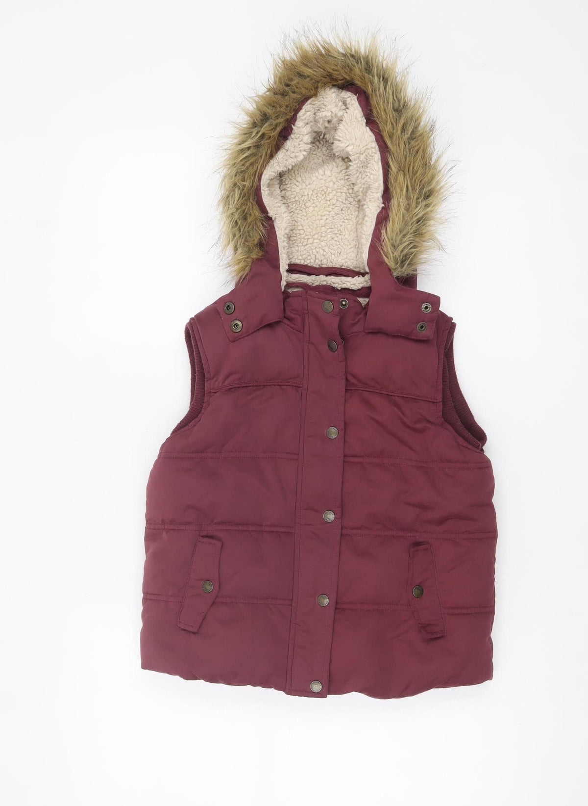 FatFace Girls Red Hooded Faux Fur Lined Puffer Gilet 8-9 Years
