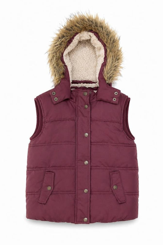 Front view of FatFace girls’ red hooded faux fur lined puffer gilet 8-9 years
