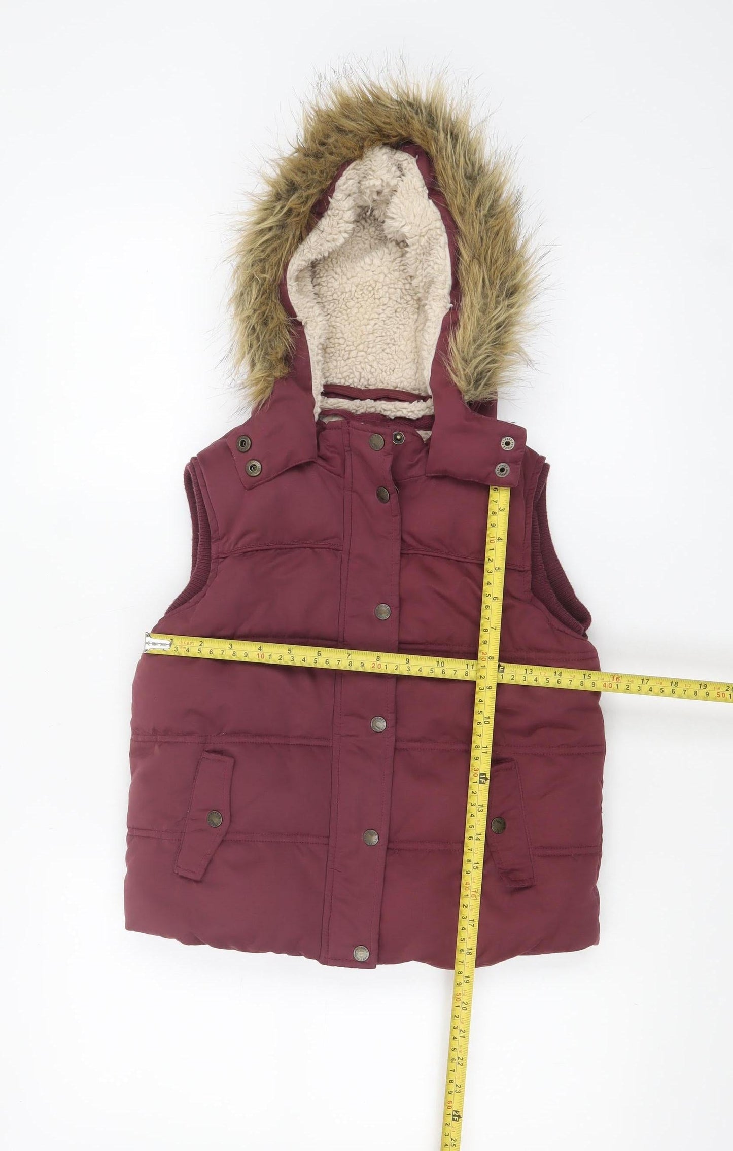 FatFace Girls Red Hooded Faux Fur Lined Puffer Gilet 8-9 Years
