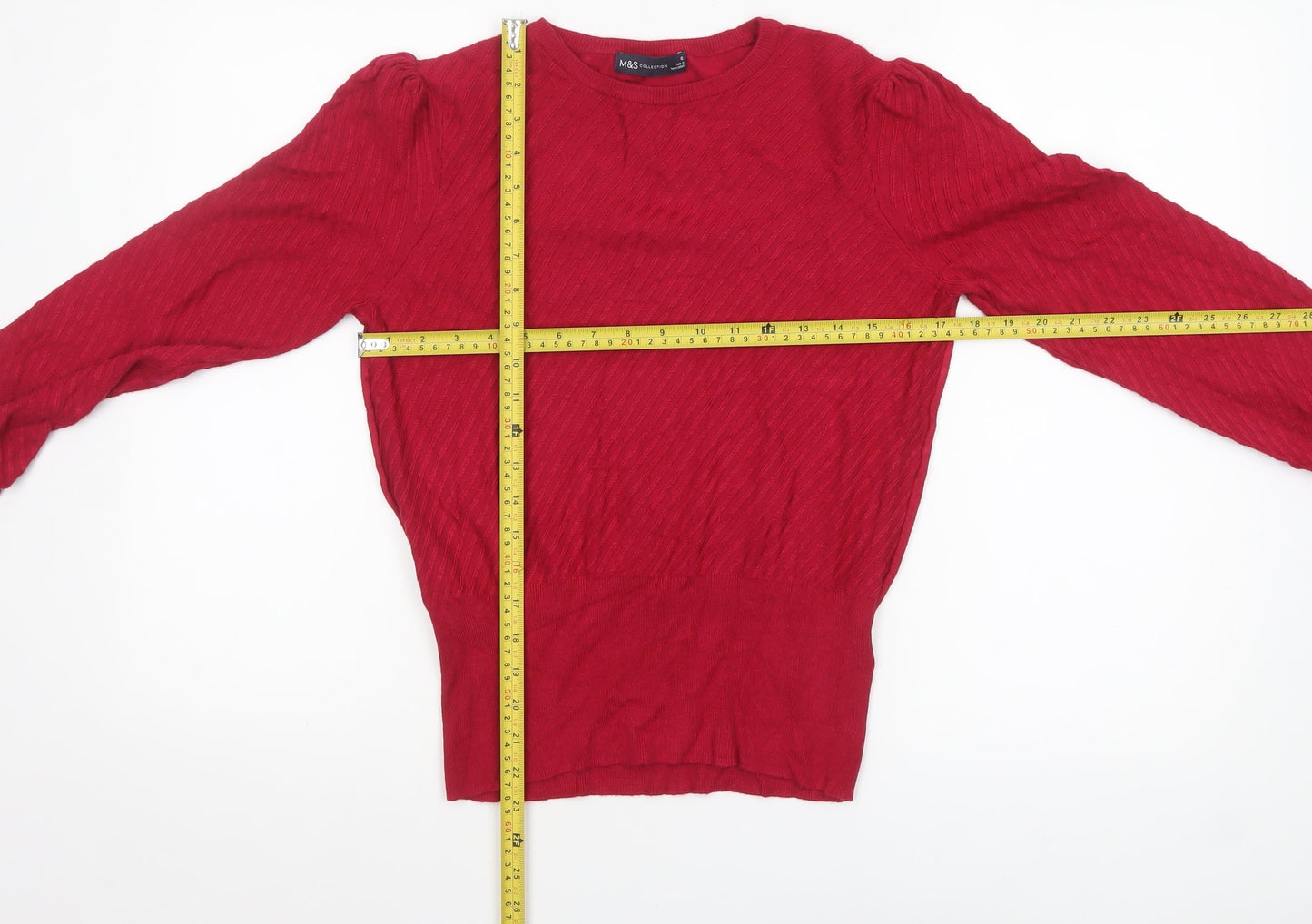 Marks and Spencer Women Red Size 12 Crew Neck Puff Sleeve Pullover Jumper