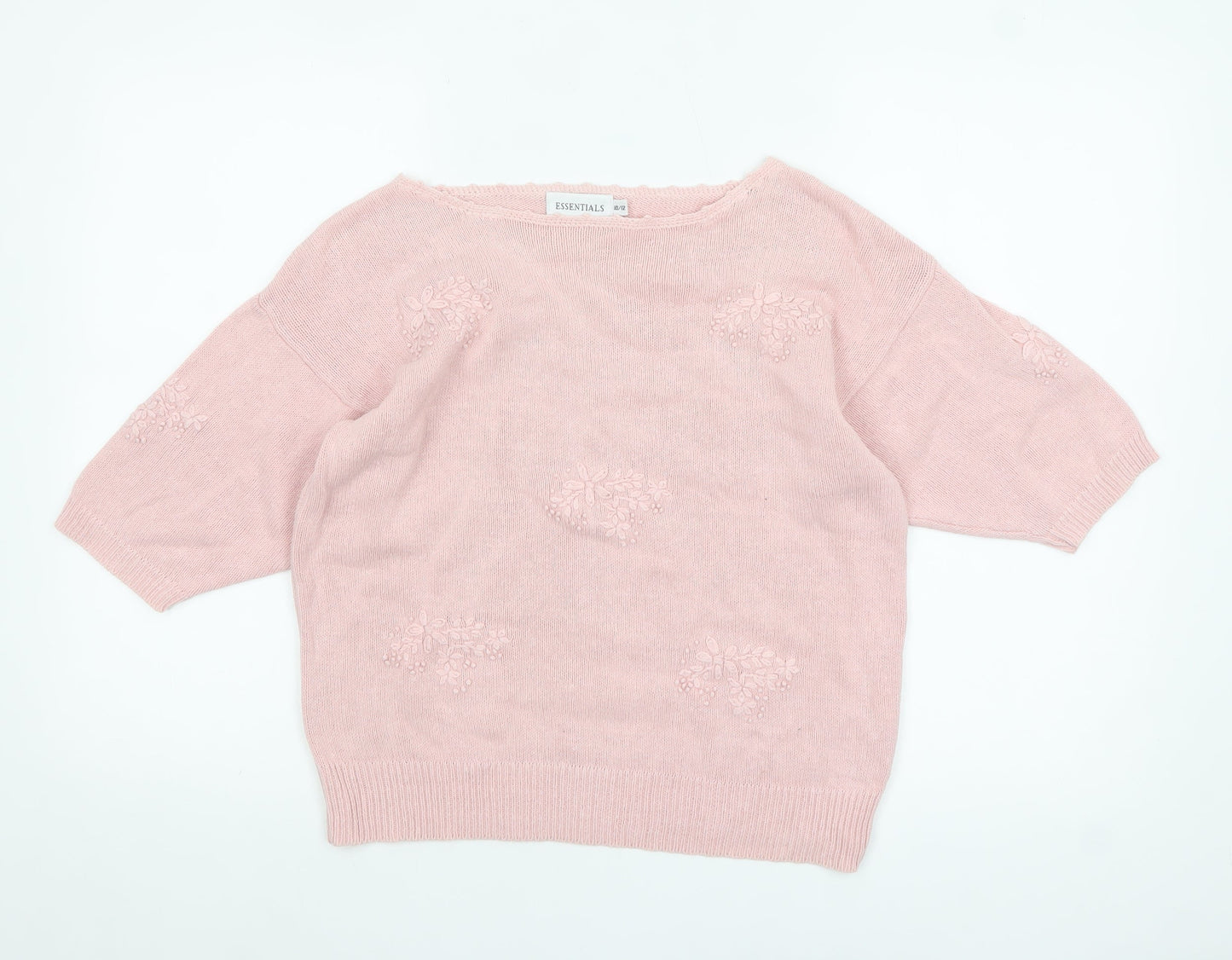 ESSENTIALS Womens Pink Embroidered Boat Neck Pullover Jumper Size 10/12