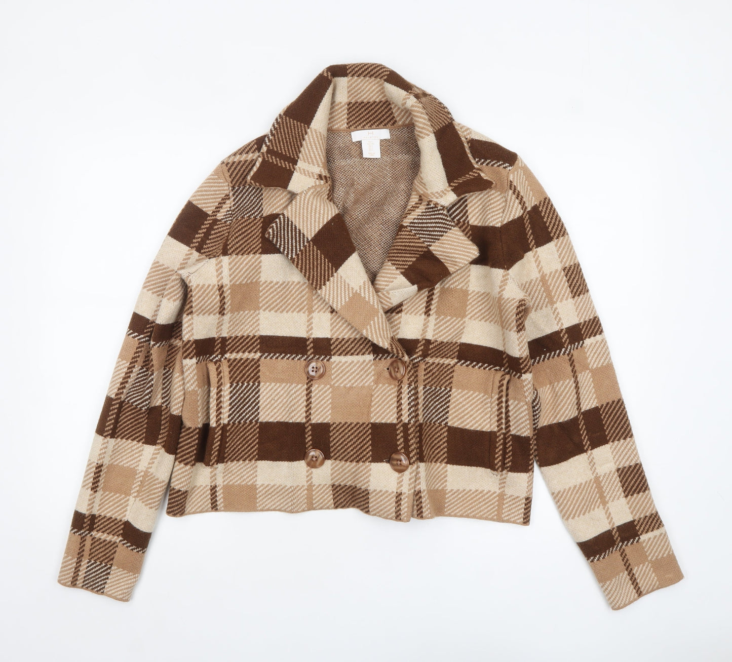 Halston Women Brown Check Knit Cropped Pea Coat Jacket Size L