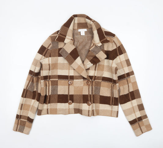 Halston Women Brown Check Knit Cropped Pea Coat Jacket Size L