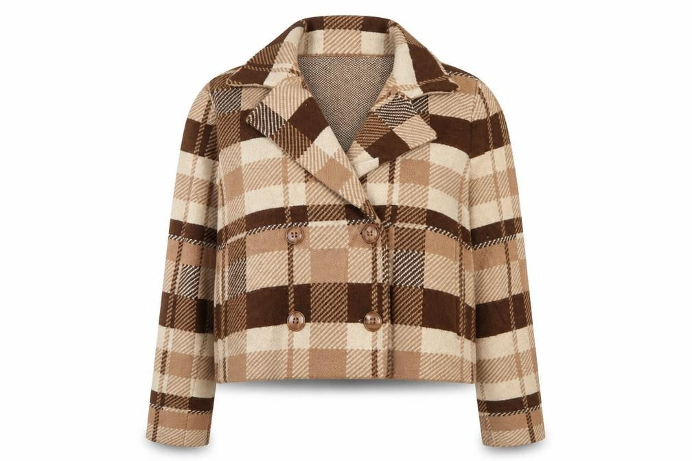 Halston Women Brown Check Knit Cropped Pea Coat Jacket Size L