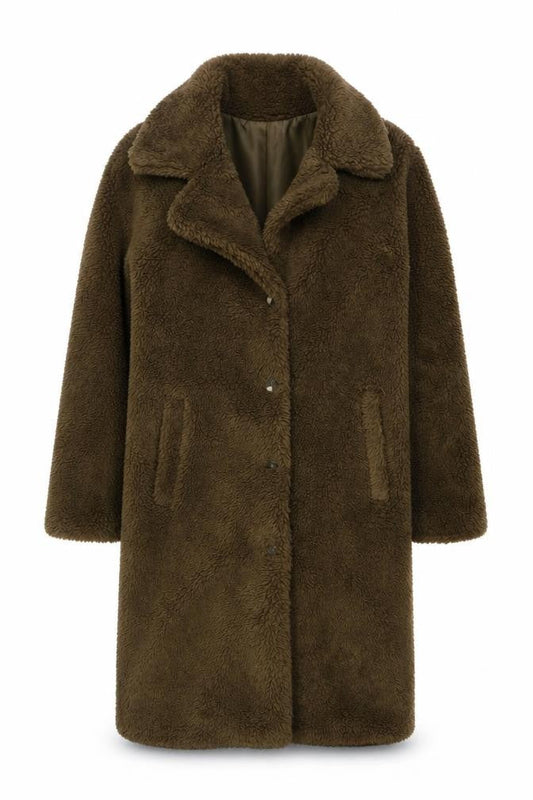 Front view of French Connection women’s brown long fleece coat, size M