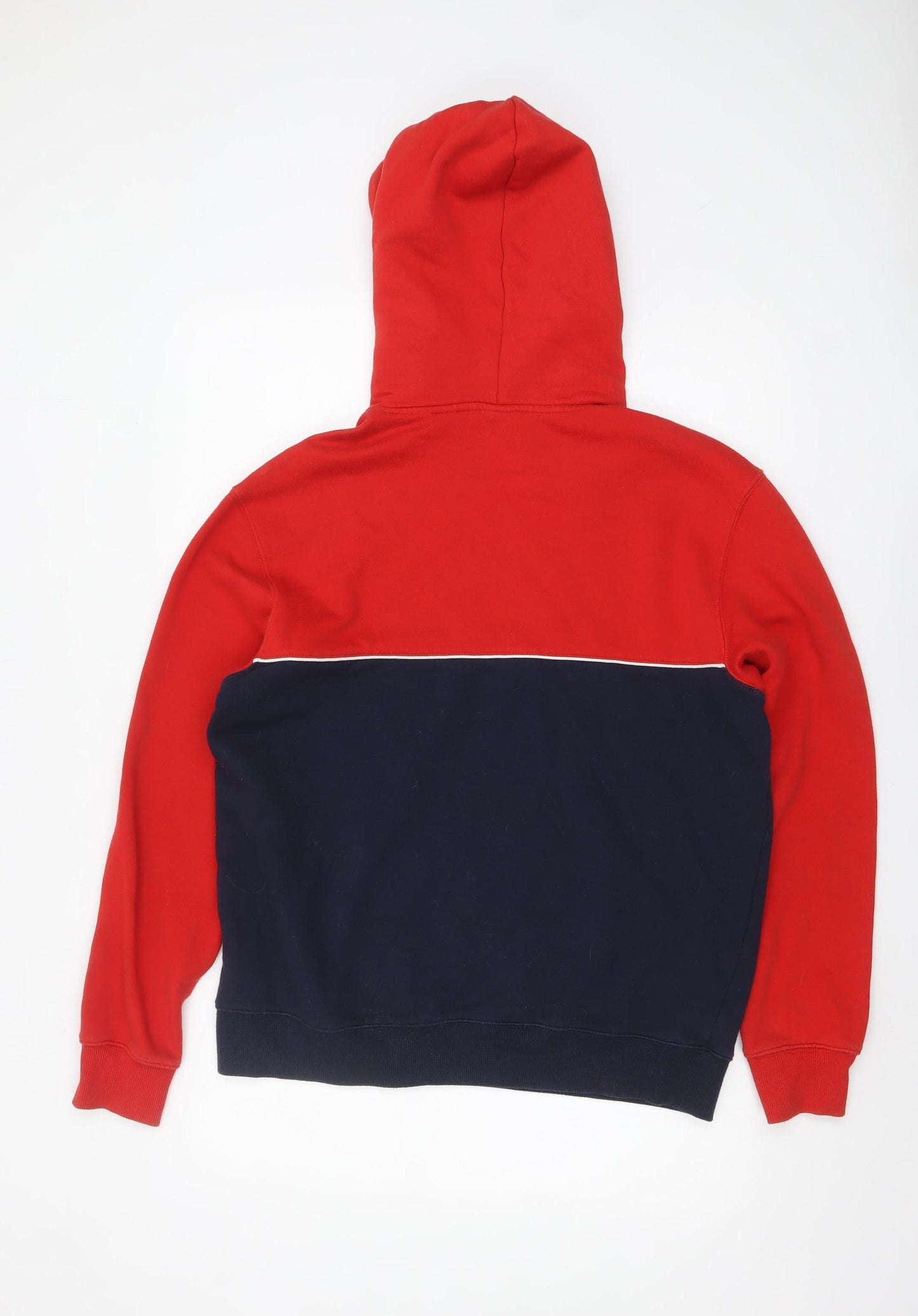 H&M Men's Red and Navy Pullover Hoodie Medium Fleece Cotton Blend