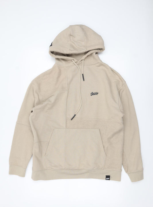 Pull & Bear Men's Beige Pullover Hoodie M Logo Front Casual Style