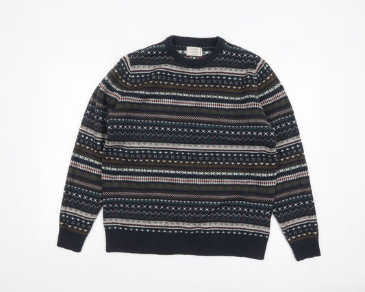George Men's Blue Fair Isle Crew Neck Knit Jumper Medium
