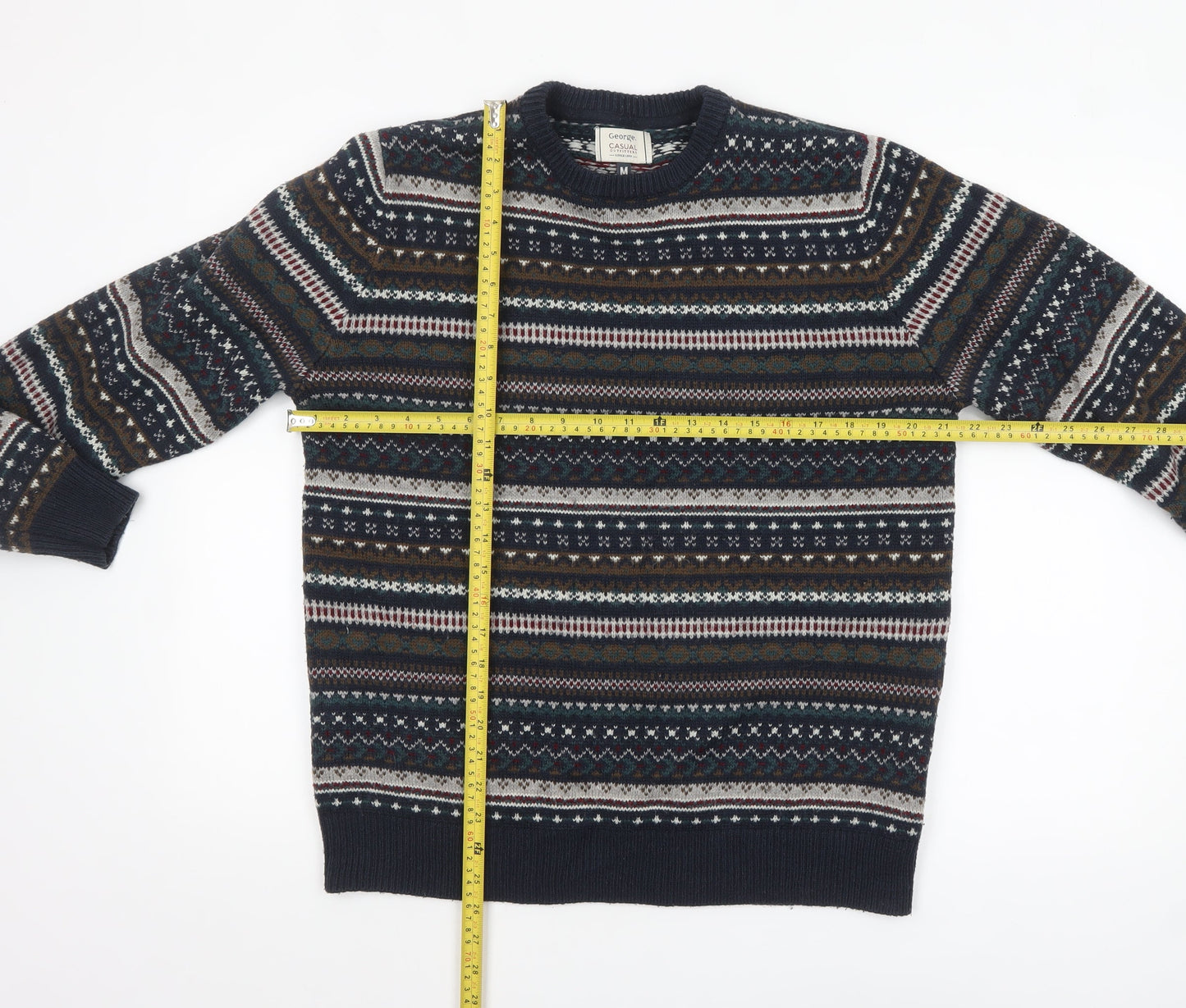 George Men's Blue Fair Isle Crew Neck Knit Jumper Medium