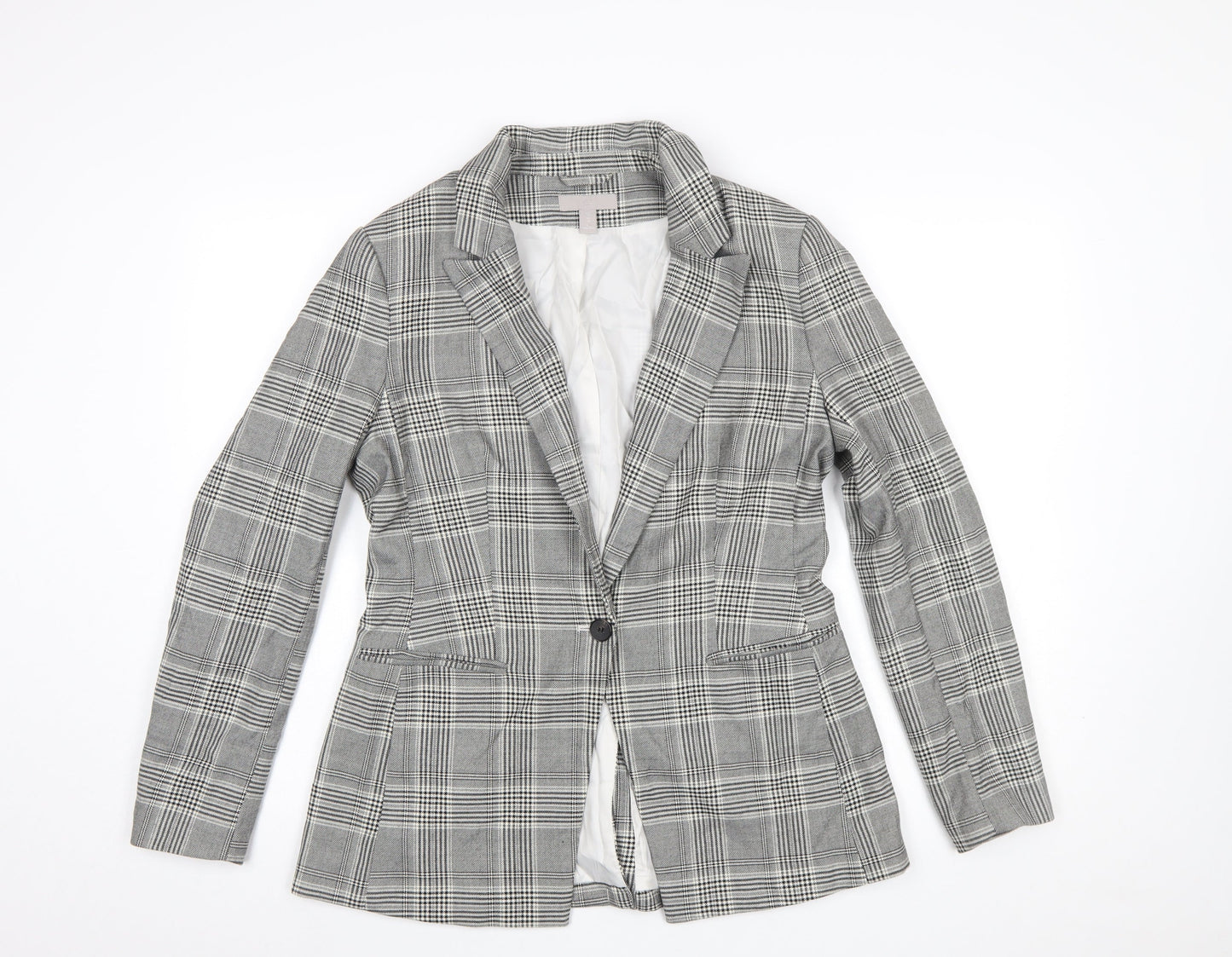 H&M Women’s Grey Check Single-Breasted Blazer UK 12 Polyester Blend