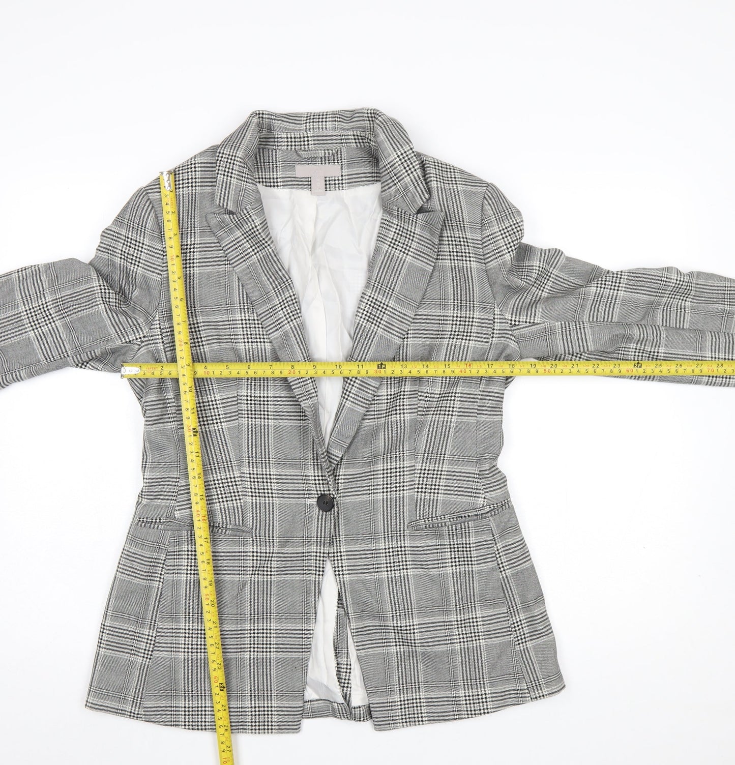 H&M Women’s Grey Check Single-Breasted Blazer UK 12 Polyester Blend
