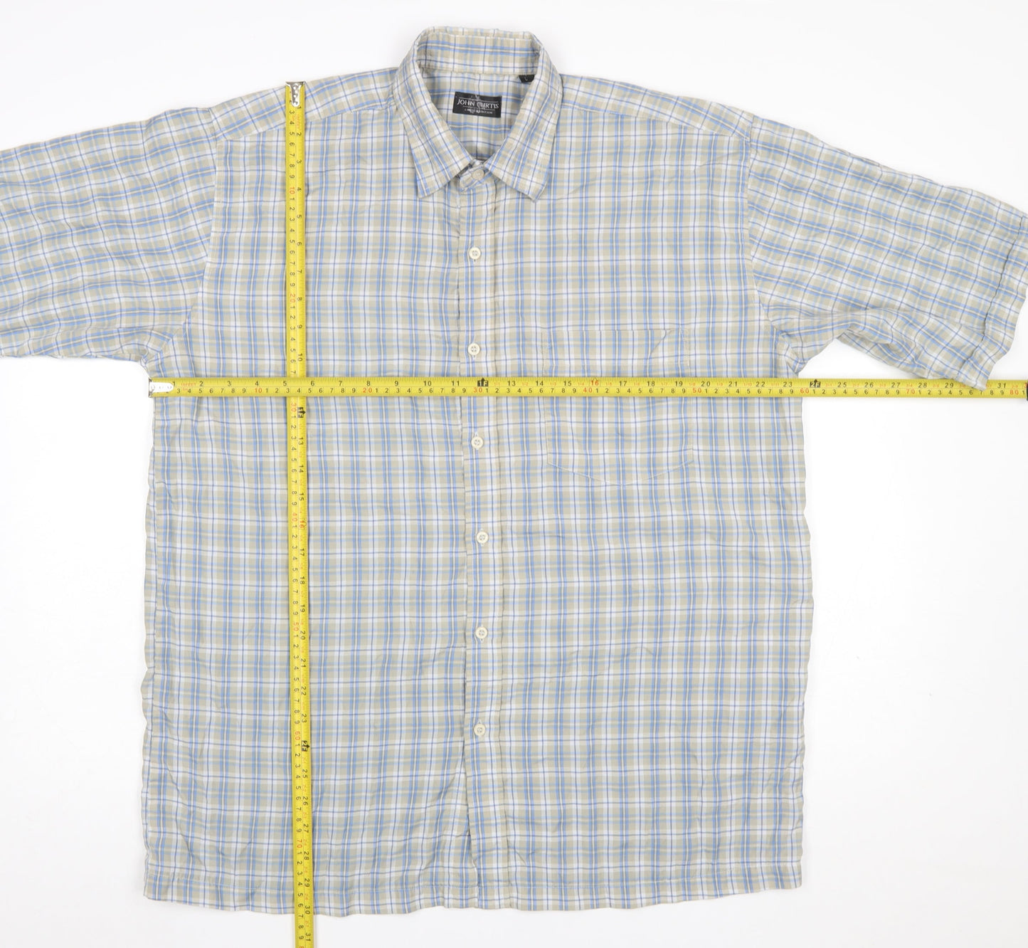 John Curtis Men's Beige Blue Check Short Sleeve Button-Up Shirt L