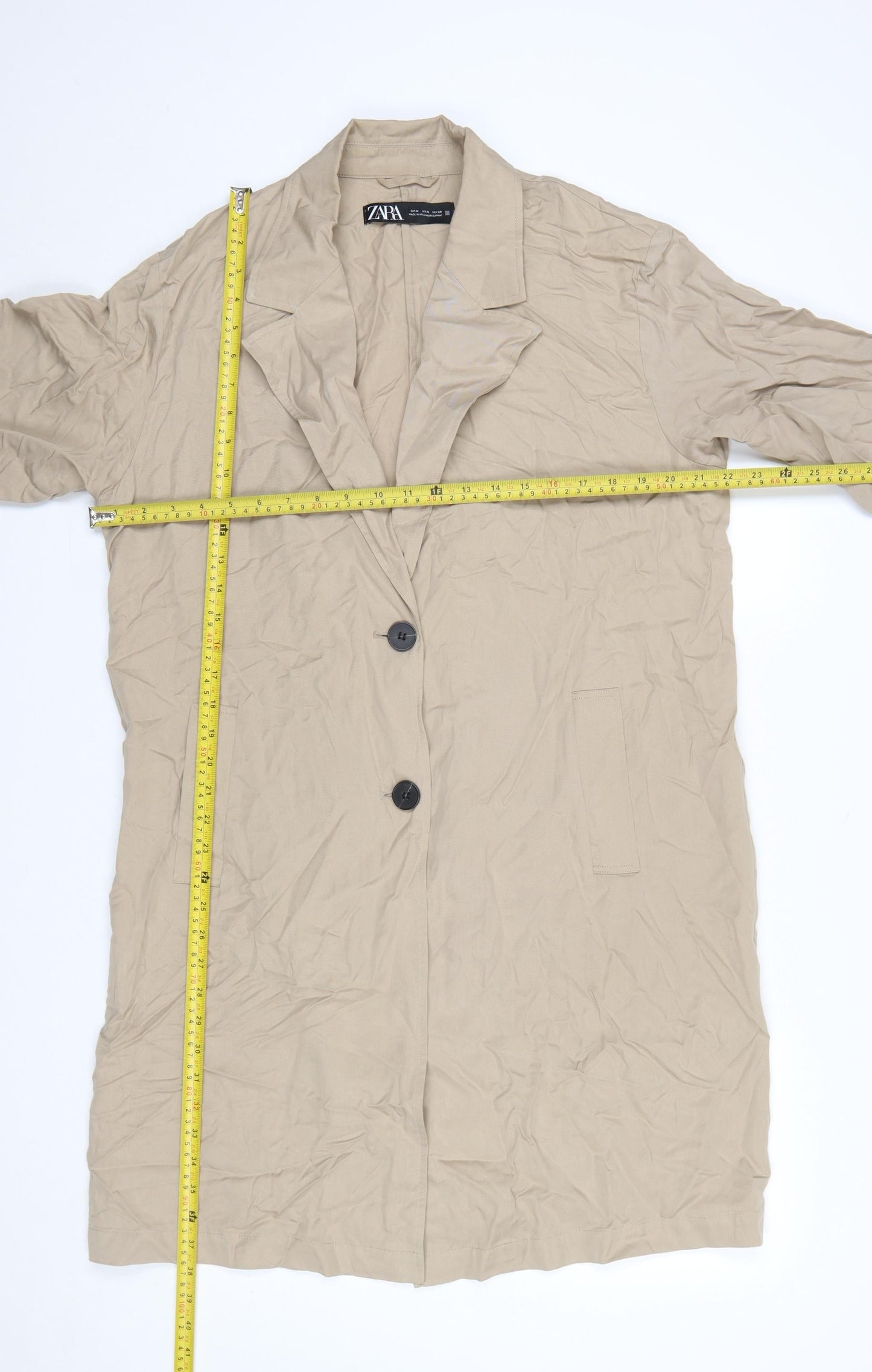 ZARA Women Beige Long Cotton Trench Coat Size 12
