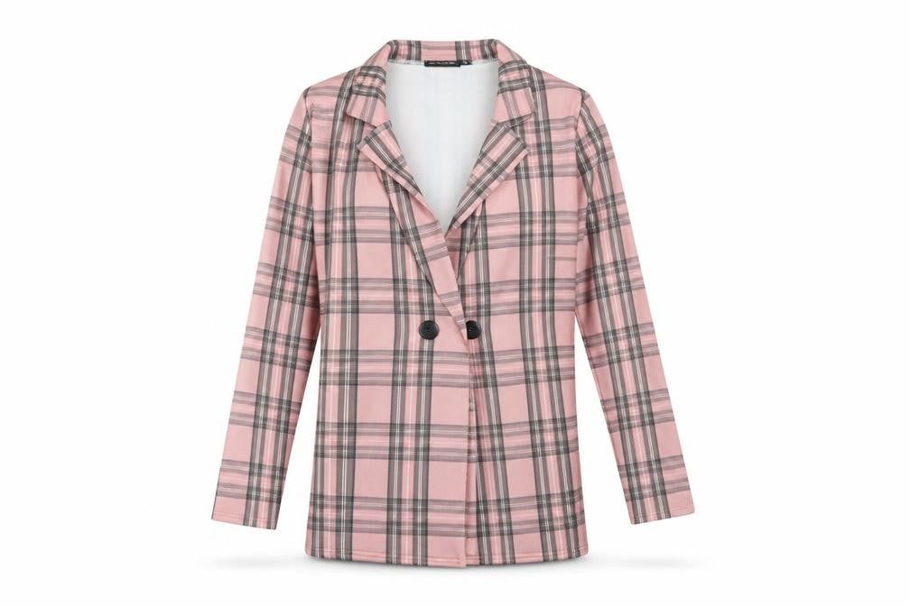 PrettyLittleThing Women Pink Plaid Double-Breasted Blazer UK 6 Polyester