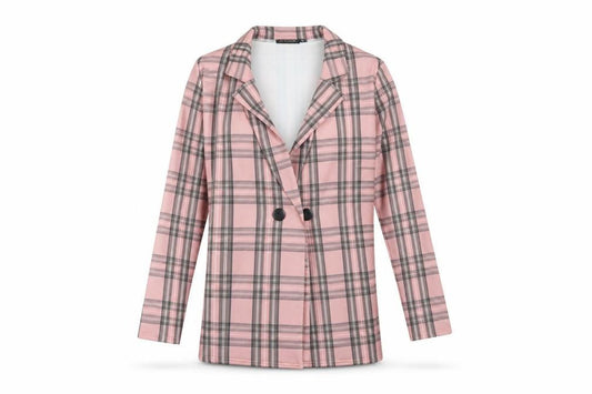 PRETTYLITTLETHING Women Pink Plaid Double-Breasted Blazer UK 6 Polyester