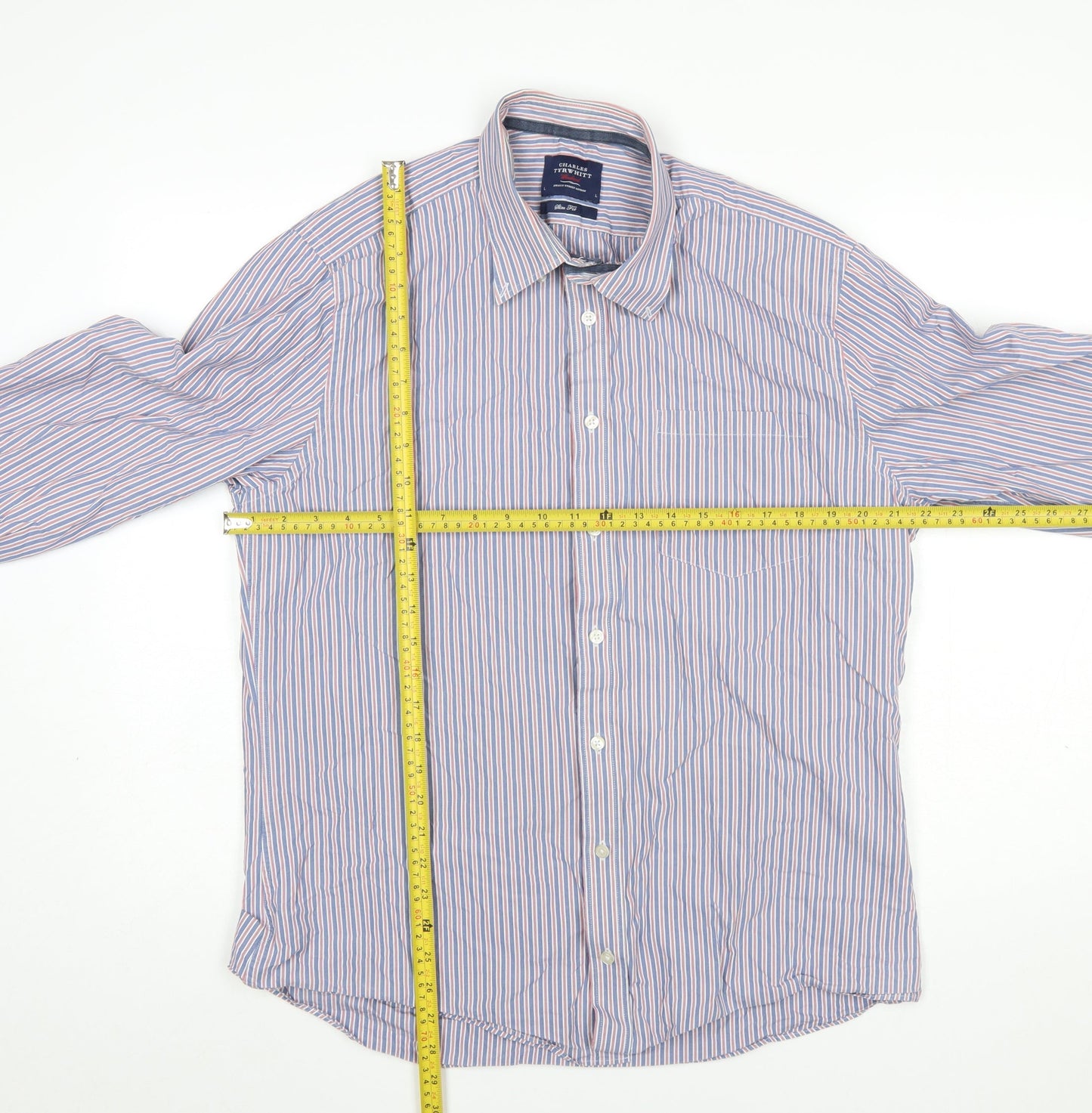 Charles Tyrwhitt Men's Blue Striped Slim Fit Button-Up Shirt L