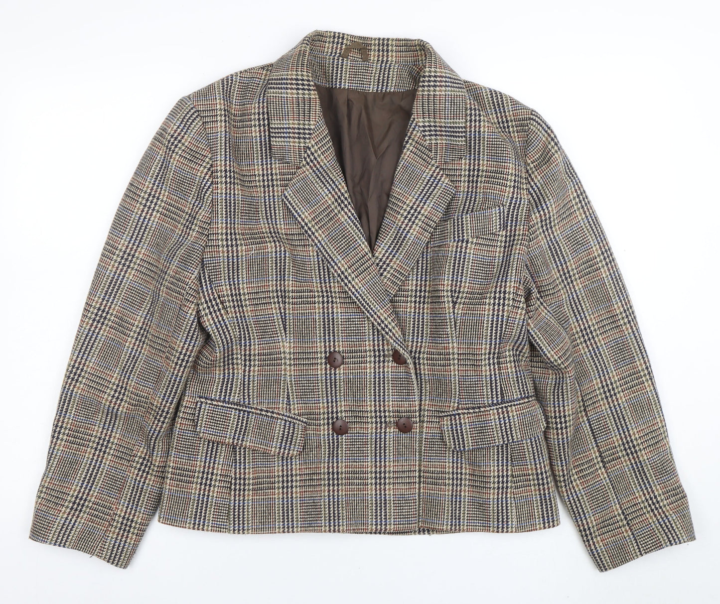 C&A Women's Brown Checked Wool Blend Double-Breasted Blazer Size 14