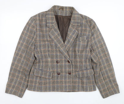Additional front view of C&A Women's Brown Checked Wool Blend Double-Breasted Blazer, size 14