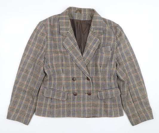 C&A Women's Brown Checked Wool Blend Double-Breasted Blazer Size 14