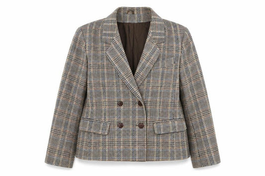 C&A Women's Brown Checked Wool Blend Double-Breasted Blazer Size 14