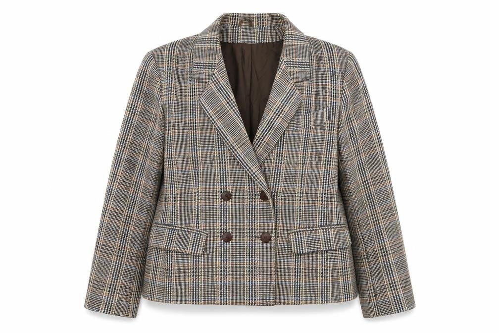C&A Women's Brown Checked Wool Blend Double-Breasted Blazer Size 14