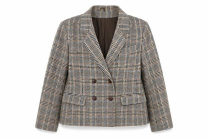 Front view of C&A Women's Brown Checked Wool Blend Double-Breasted Blazer, size 14