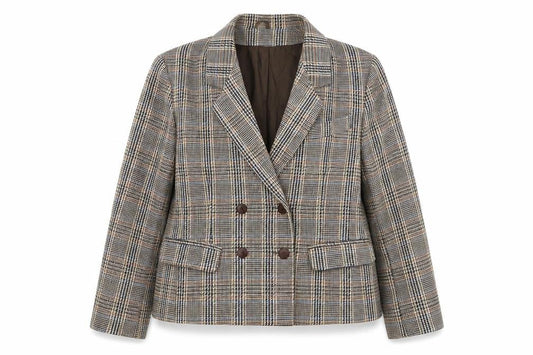 C&A Women's Brown Checked Wool Blend Double-Breasted Blazer Size 14